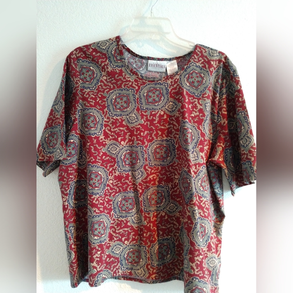 Vintage Essentials Worthington Woman Blouse Shirt Short Sleeve Red Beige 20W